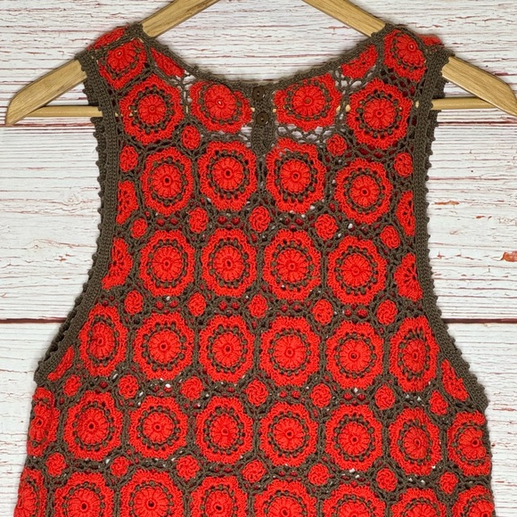 Free People Delilah Crochet Mini Shift Dress in Orange and Brown Sz S - Picture 11 of 13